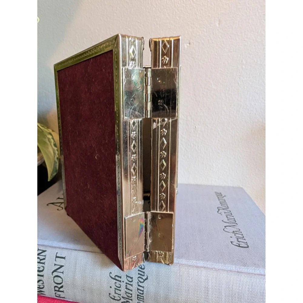 Vintage Mid Century Brass Toned Triptych Hinged Picture Frame Floral Embossed